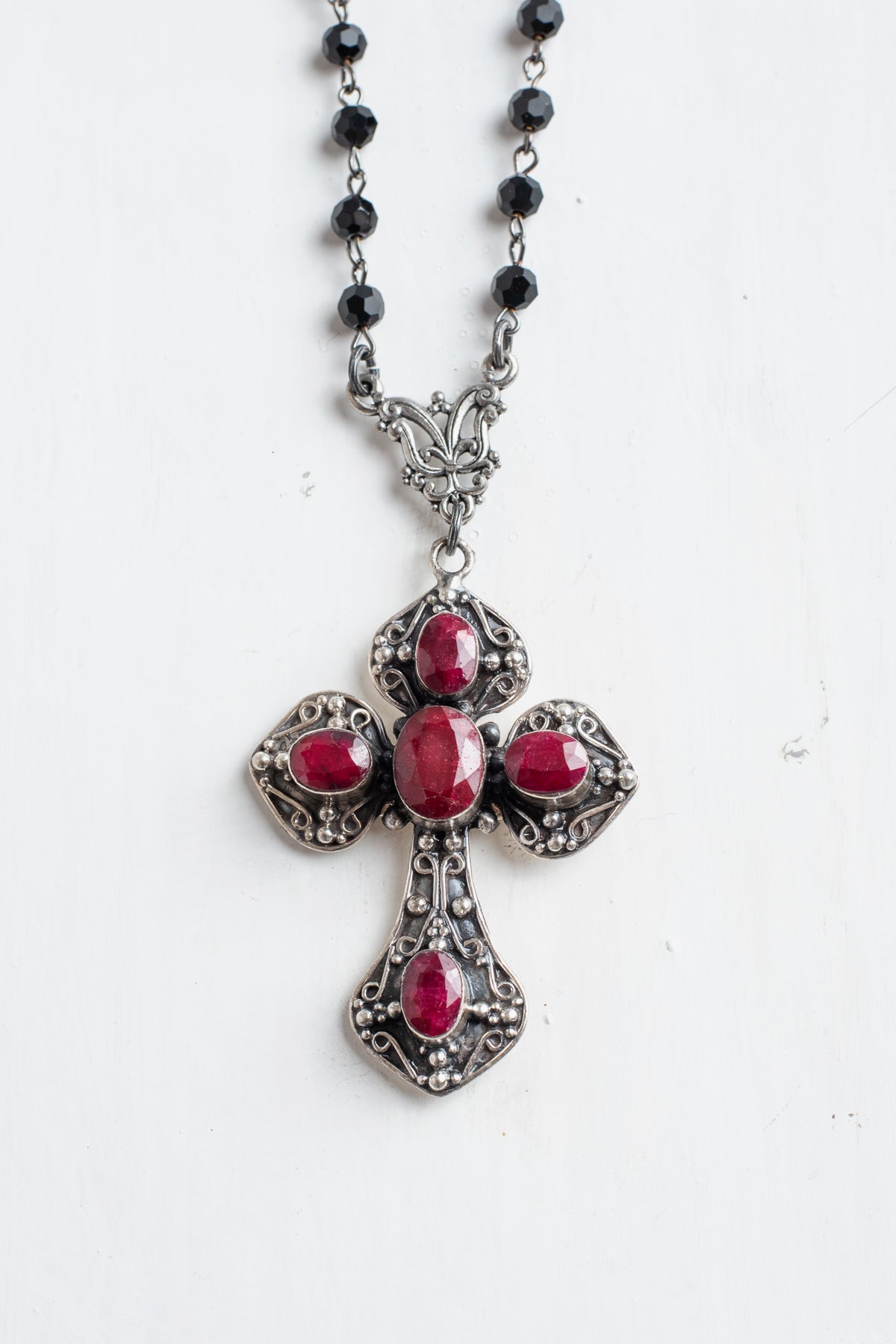 Ornate Ruby Sterling Silver Renaissance Cross Pendant on a Black Crystal Rosary Chain Necklace