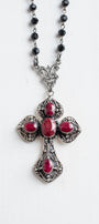 Ornate Ruby Sterling Silver Renaissance Cross on a Black Crystal Rosary Chain Necklace