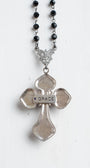Ornate Ruby Sterling Silver Renaissance Cross Pendant on a Black Crystal Rosary Chain Necklace