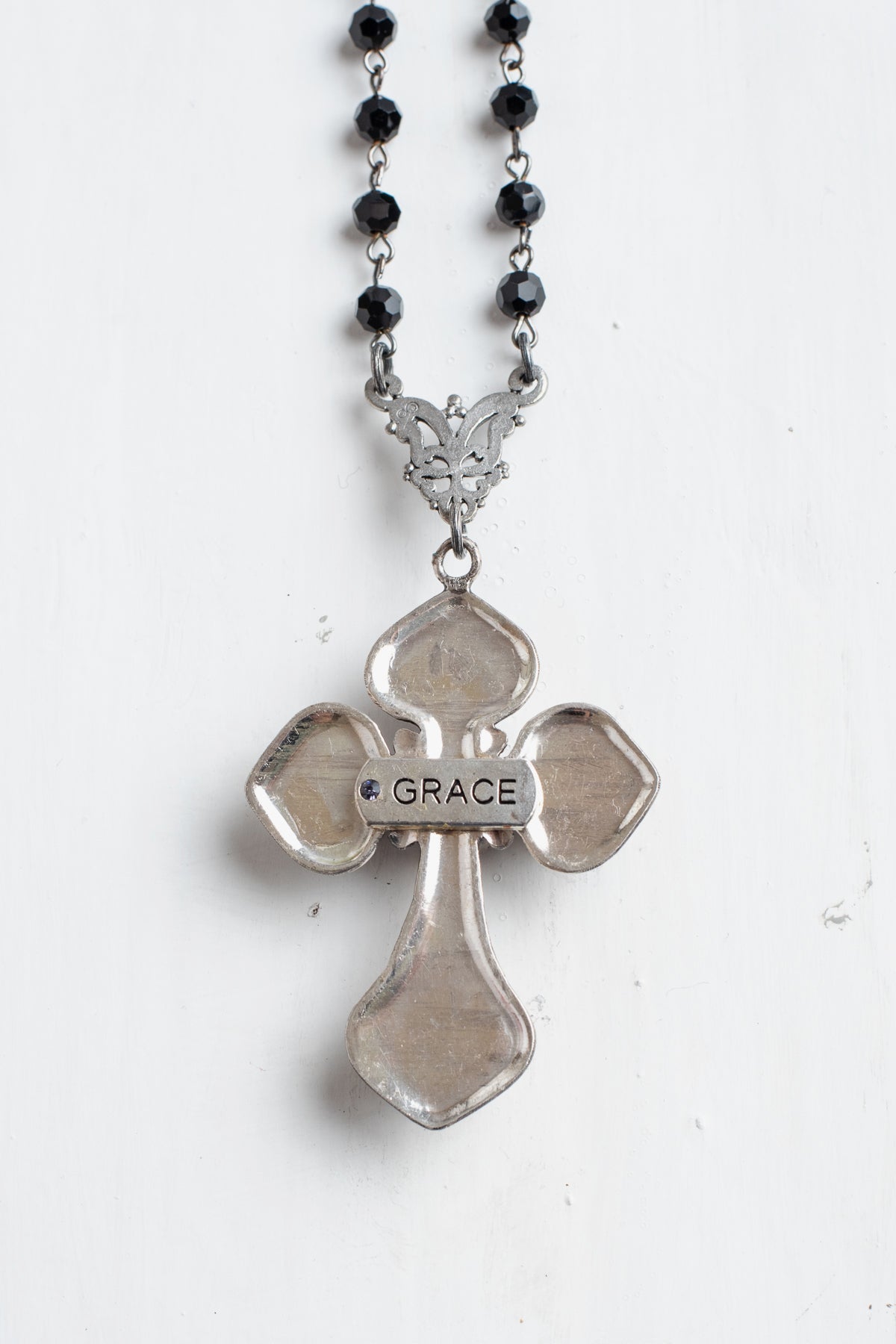 Ornate Ruby Sterling Silver Renaissance Cross Pendant on a Black Crystal Rosary Chain Necklace