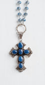 Ornate Blue Sapphire Sterling Silver Christian Cross Pendant on a Blue Crystal Rosary Chain Necklace