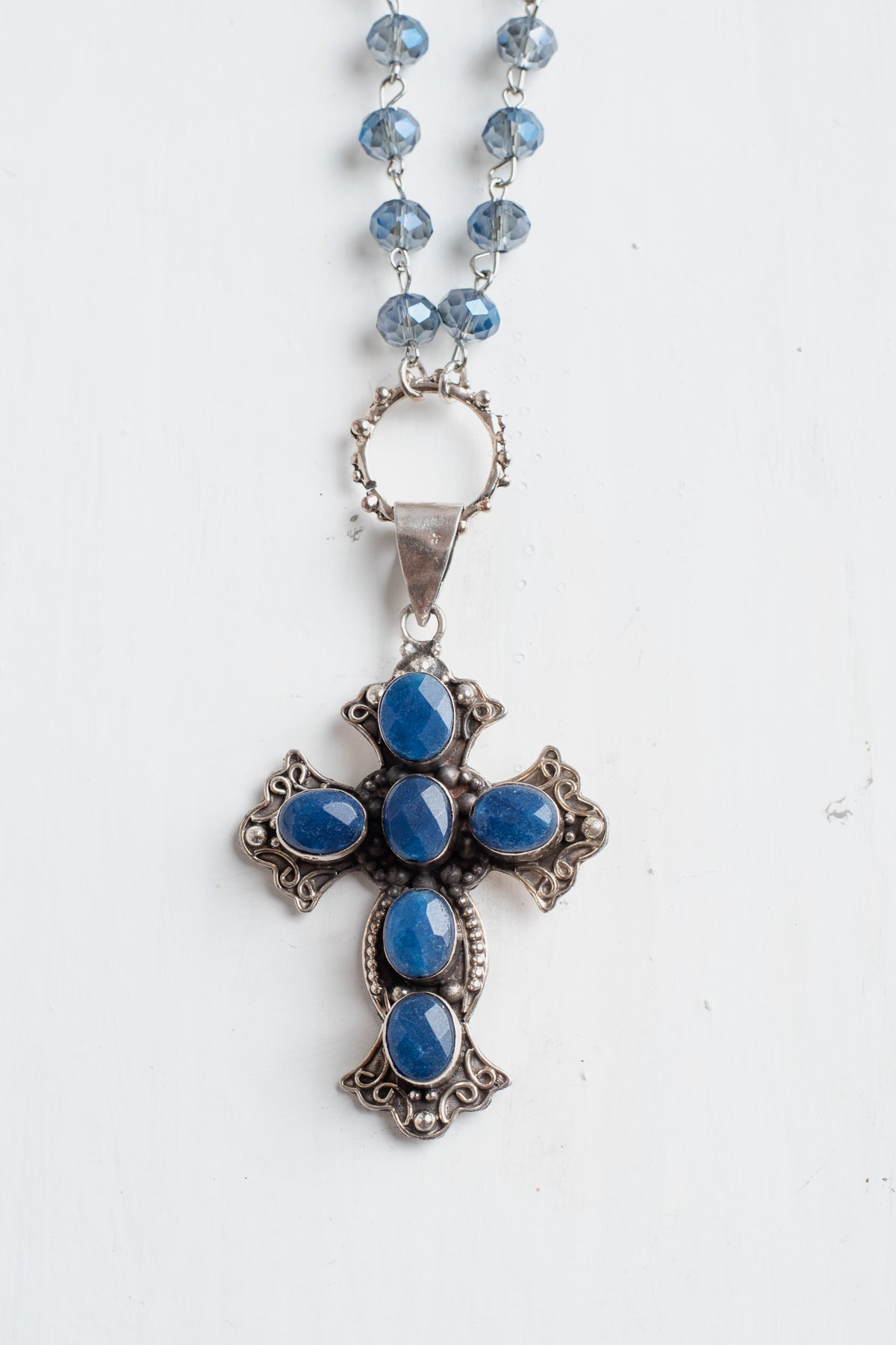 Ornate Blue Sapphire Sterling Silver Christian Cross Pendant on a Blue Crystal Rosary Chain Necklace