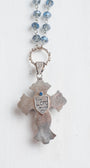 Ornate Blue Sapphire Sterling Silver Christian Cross Pendant on a Blue Crystal Rosary Chain Necklace
