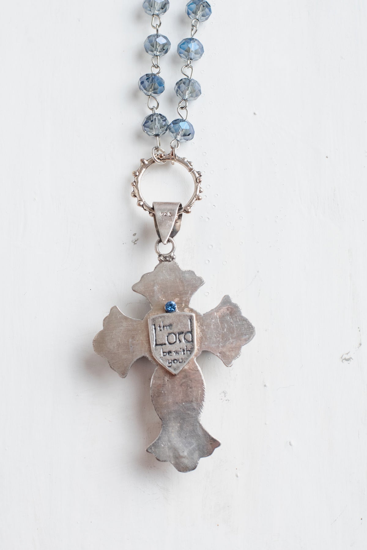 Ornate Blue Sapphire Sterling Silver Christian Cross Pendant on a Blue Crystal Rosary Chain Necklace