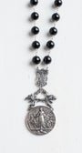 French Vintage Silver Plated Round and Filigree Pendant on a Black Onyx and Silver Rosary Chain Necklace