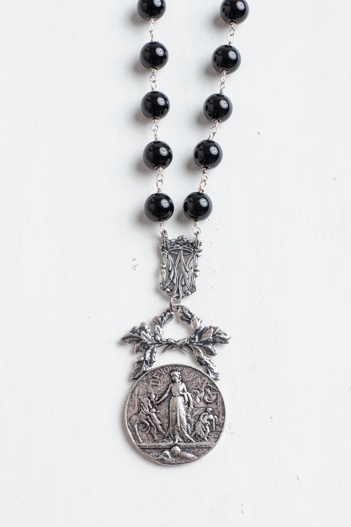 French Vintage Silver Plated Round and Filigree Pendant on a Black Onyx and Silver Rosary Chain Necklace