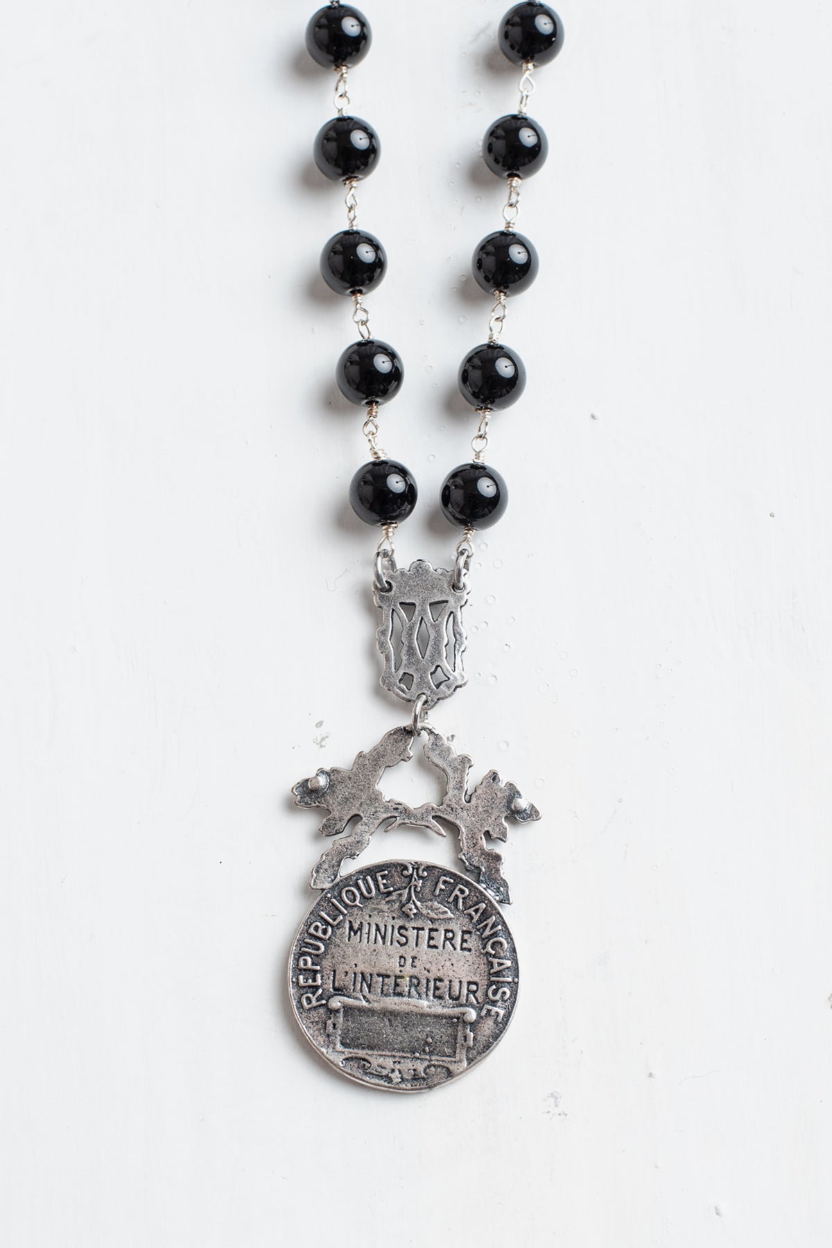 French Vintage Silver Plated Round and Filigree Pendant on a Black Onyx and Silver Rosary Chain Necklace
