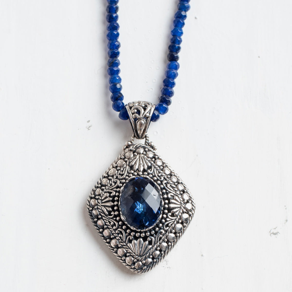 Blue Quartz & Blue Jade Sterling Silver Filigree Pendant Necklace