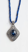 Bali Style Diamond Shaped Blue Quartz Filigree Pendant on Beaded Blue Jade Necklace