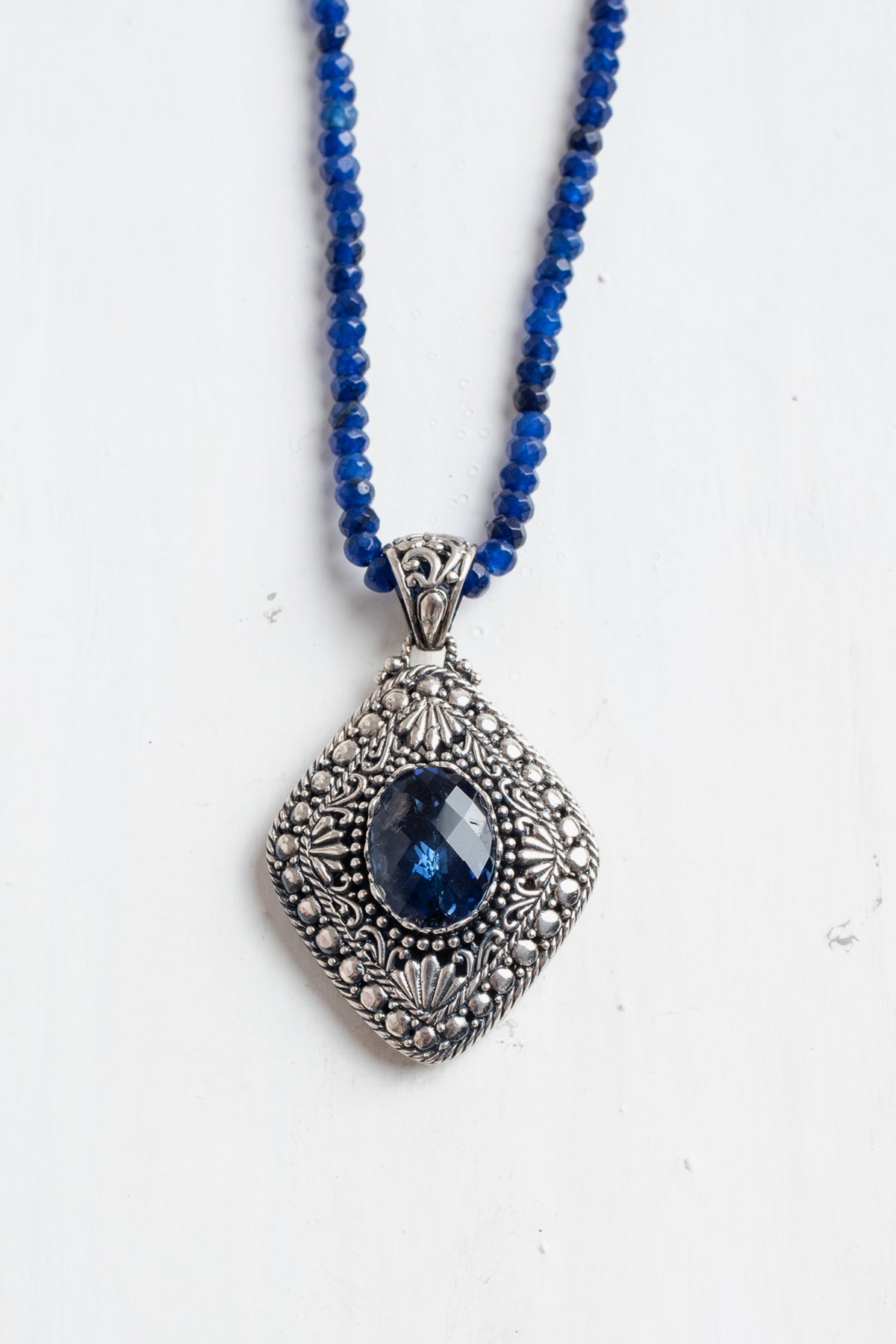 Bali Style Diamond Shaped Blue Quartz Filigree Pendant on Beaded Blue Jade Necklace