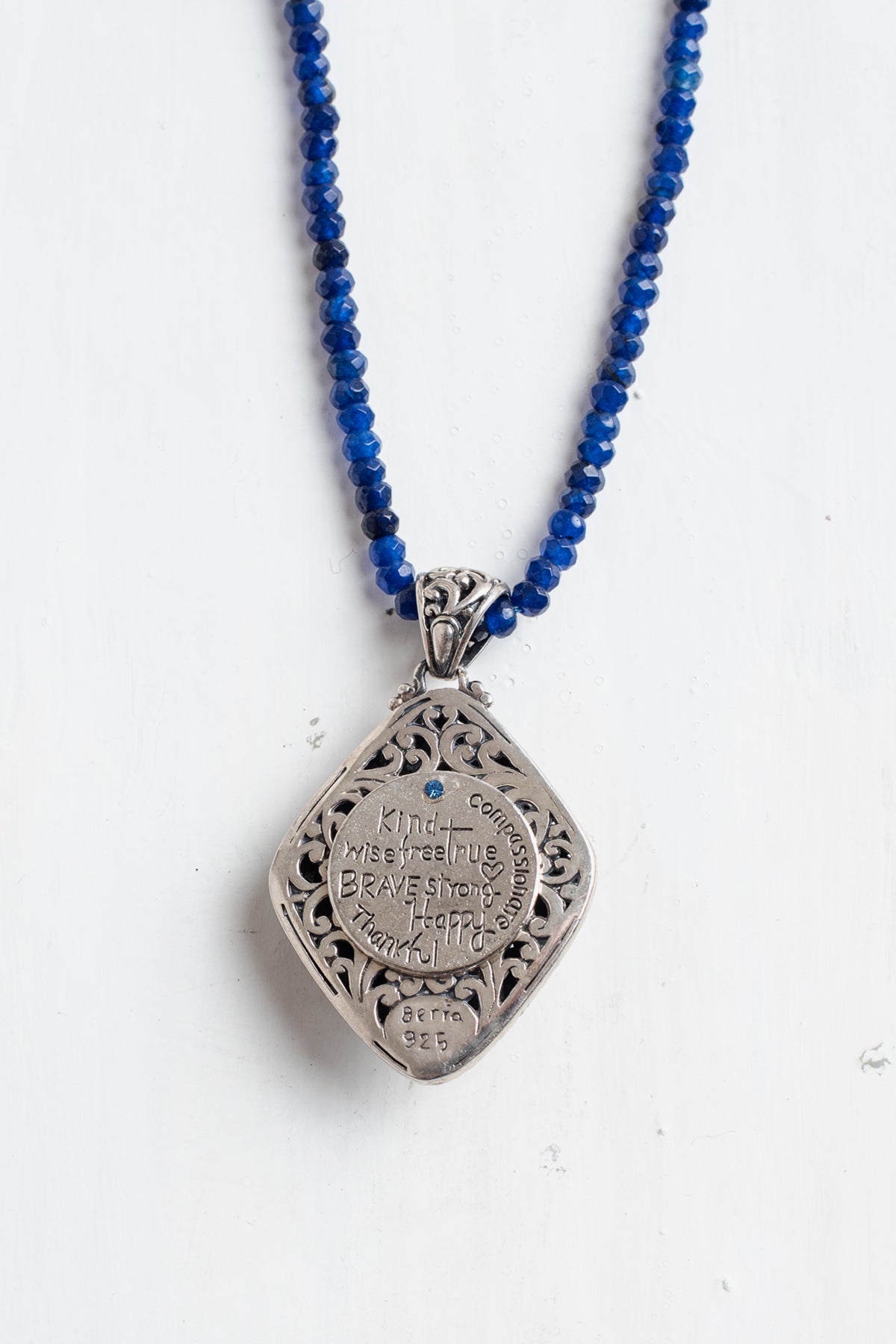 Bali Style Diamond Shaped Blue Quartz Filigree Pendant on Beaded Blue Jade Necklace