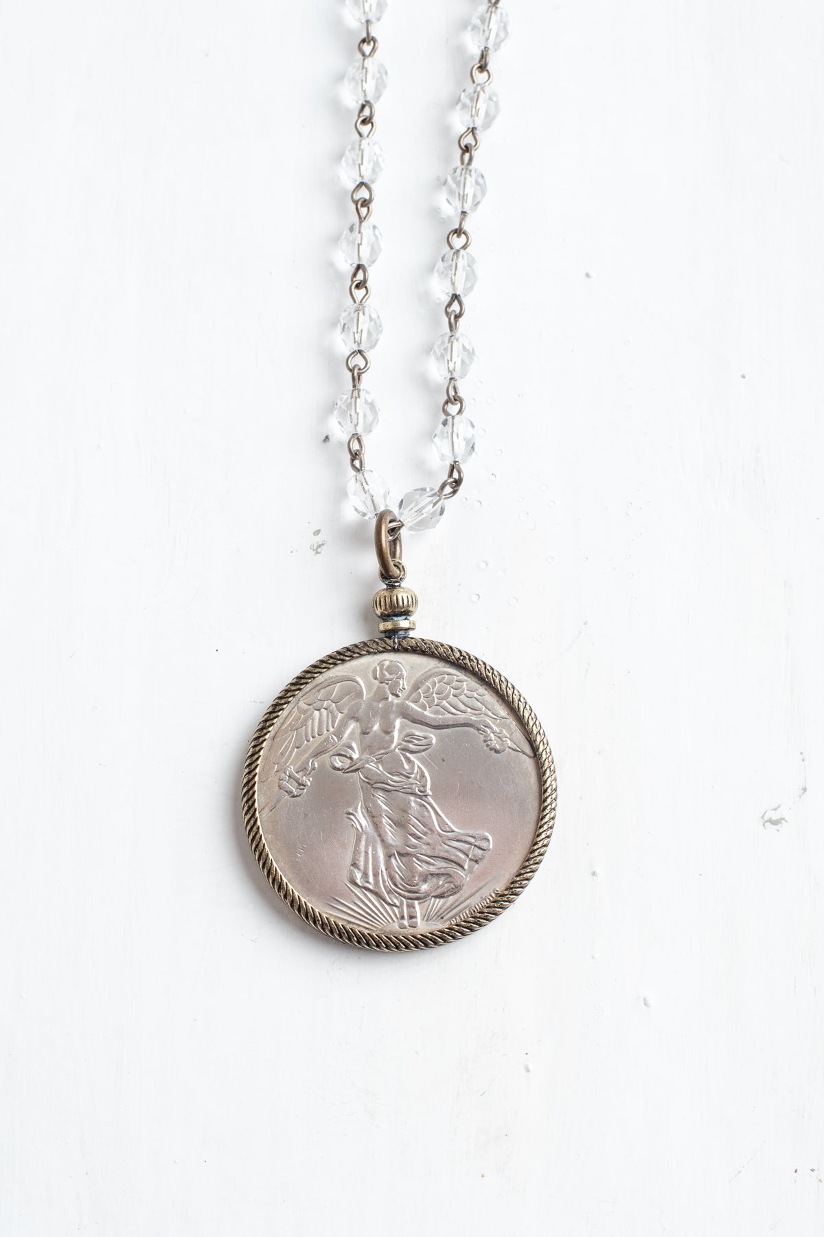 Antique Silver Dollar Coin Replica Bronze Bezel Pendant on a Bronze and Crystal Rosary Chain