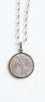 Antique Silver Dollar Coin Replica Pendant on a Bronze and Crystal Rosary Chain