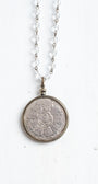 Antique Silver Dollar Coin Replica Bronze Bezel Pendant on a Bronze and Crystal Rosary Chain