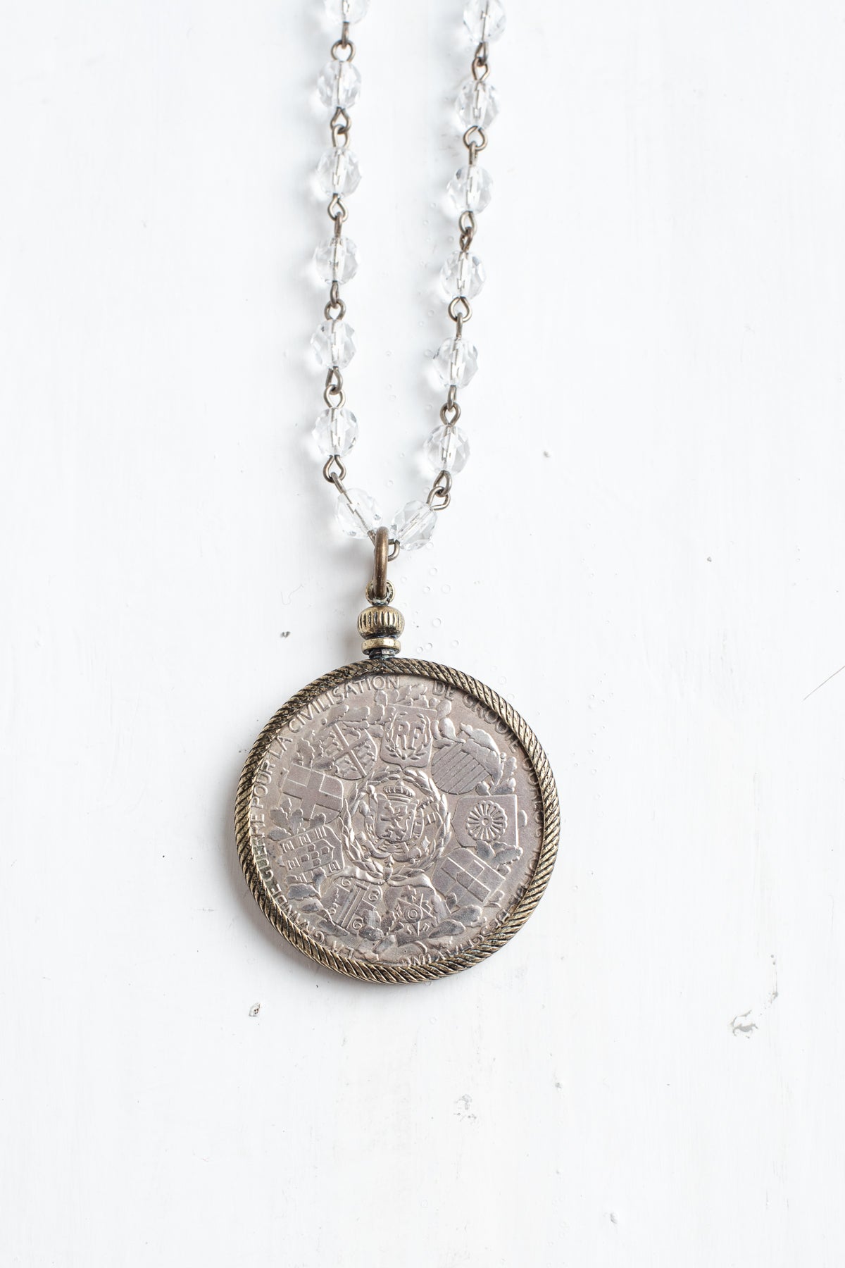 Antique Silver Dollar Coin Replica Bronze Bezel Pendant on a Bronze and Crystal Rosary Chain