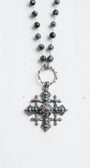 Vintage Sterling Silver Jerusalem Christian Cross Pendant on a Black Snowflake Obsidian Necklace