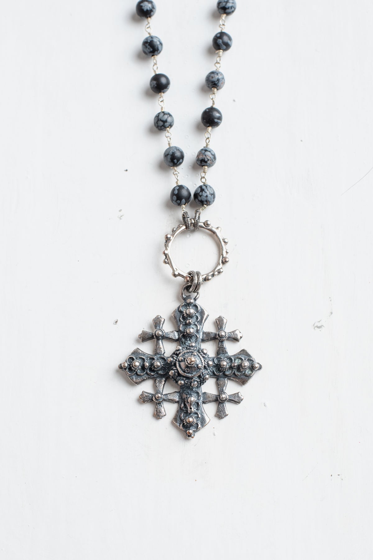 Vintage Jerusalem Cross & Snowflake Obsidian Sterling Silver Rosary Chain Necklace