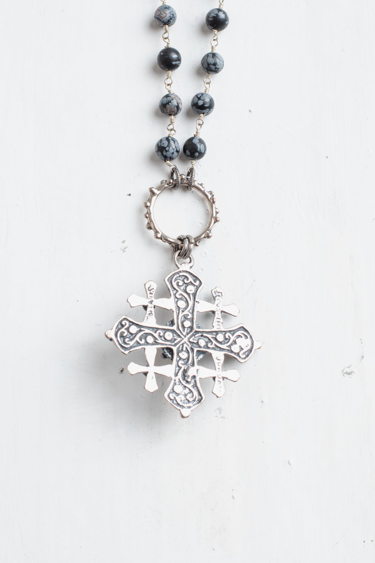Vintage Sterling Silver Jerusalem Christian Cross Pendant on a Black Snowflake Obsidian Necklace