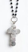 Ornate Pearl Sterling Silver Cross Pendant on a Black Crystal Rosary Chain Necklace