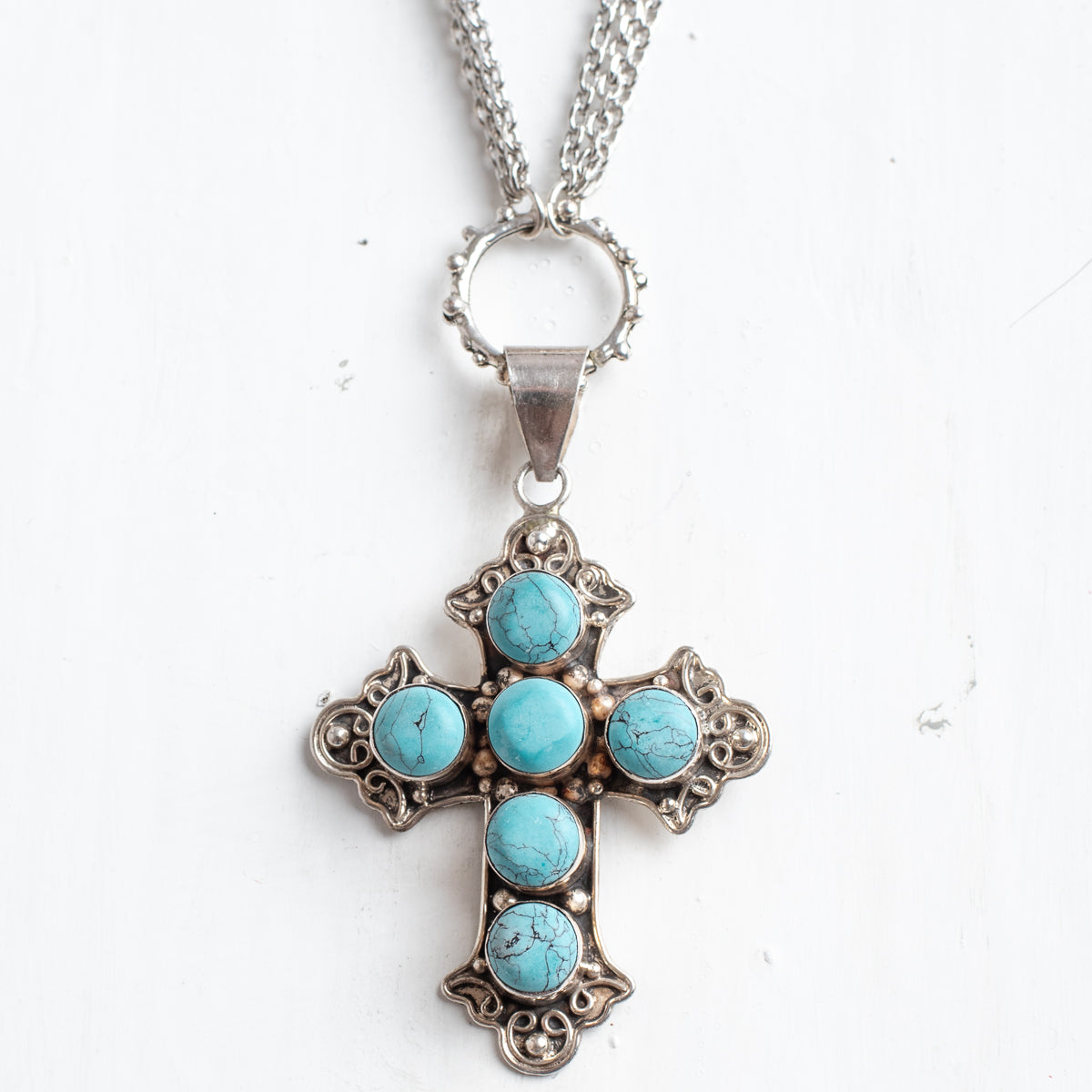 Southwestern Style Turquoise Sterling Silver Cross on a Triple Silver Chain Necklace