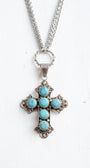 Ornate Turquoise Sterling Silver Christian Cross Pendant on a Triple Fine Silver Tone Chain Necklace