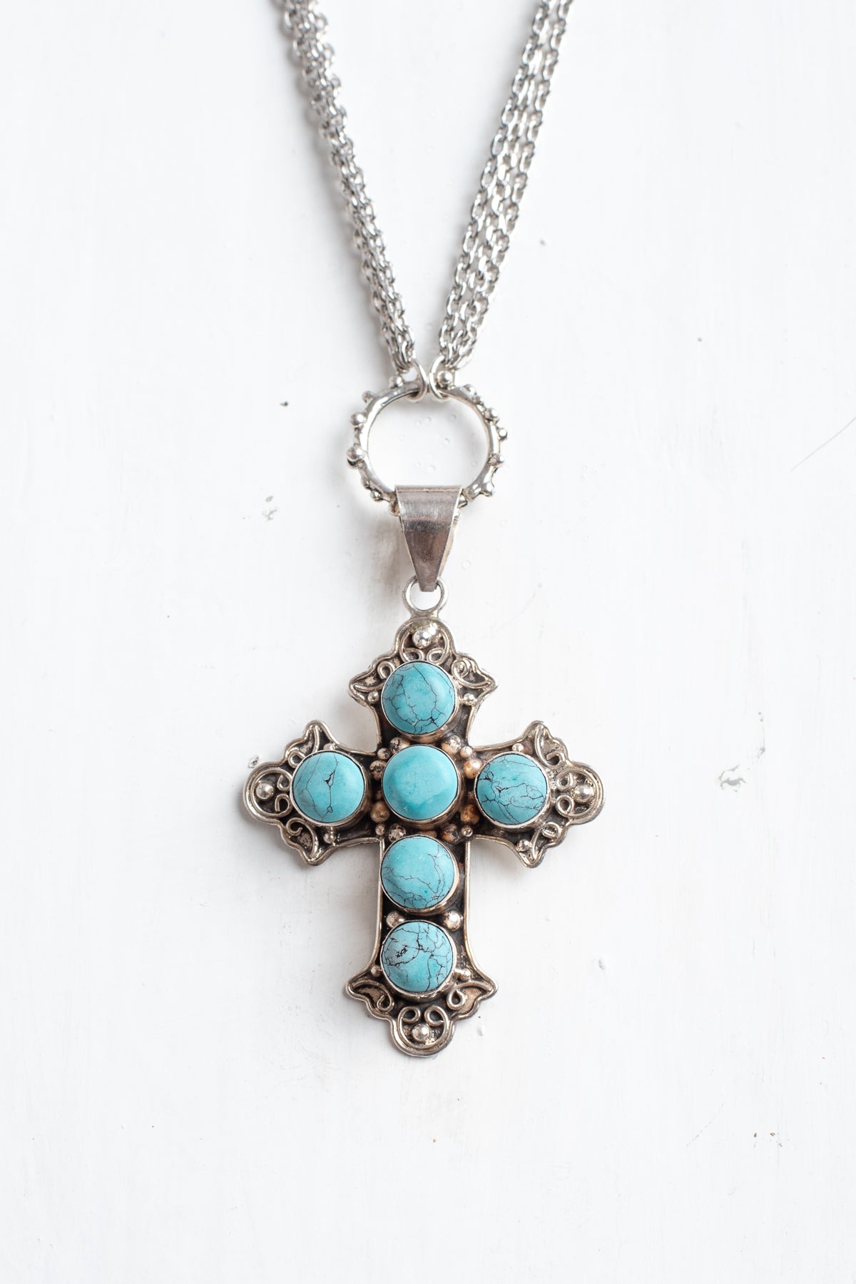 Ornate Turquoise Sterling Silver Christian Cross Pendant on a Triple Fine Silver Tone Chain Necklace