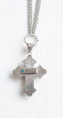 Ornate Turquoise Sterling Silver Christian Cross Pendant on a Triple Fine Silver Tone Chain Necklace