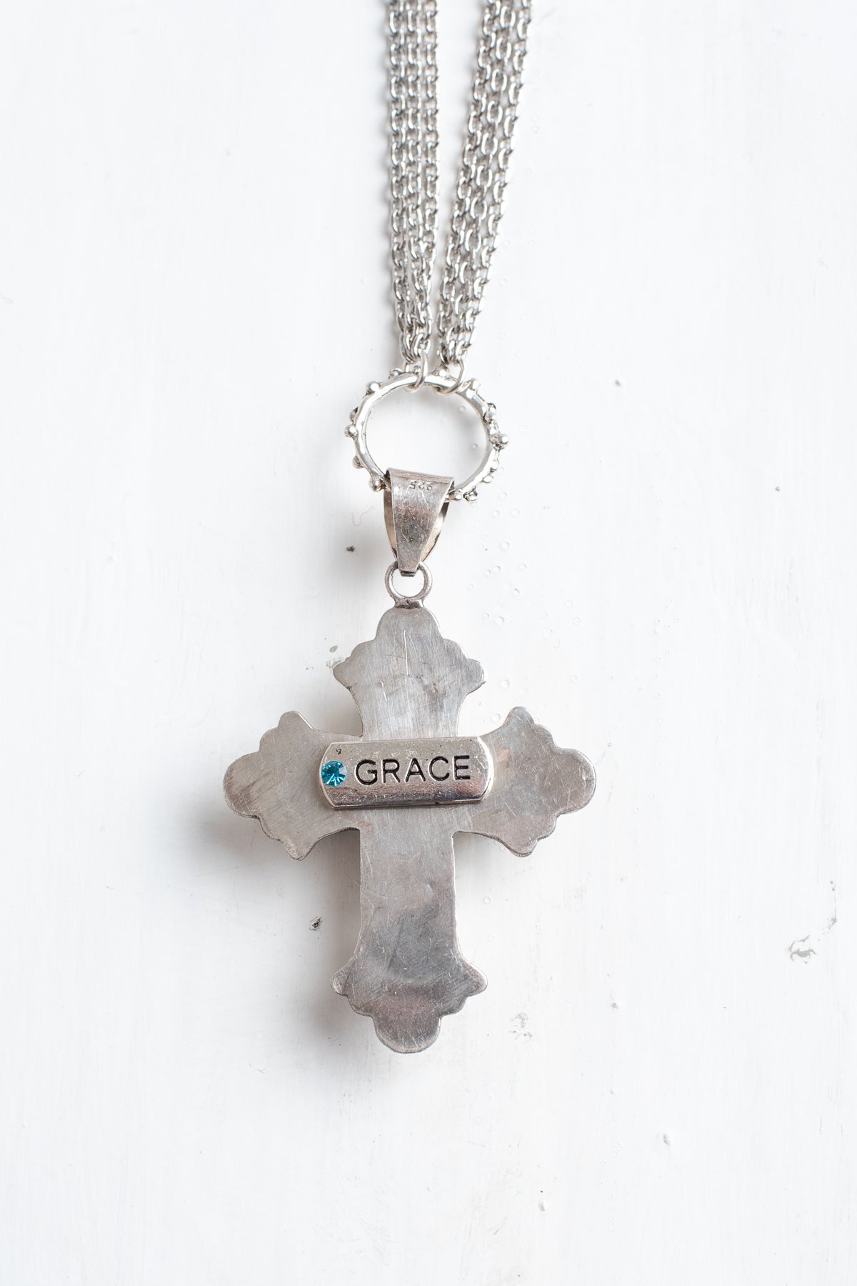 Ornate Turquoise Sterling Silver Christian Cross Pendant on a Triple Fine Silver Tone Chain Necklace