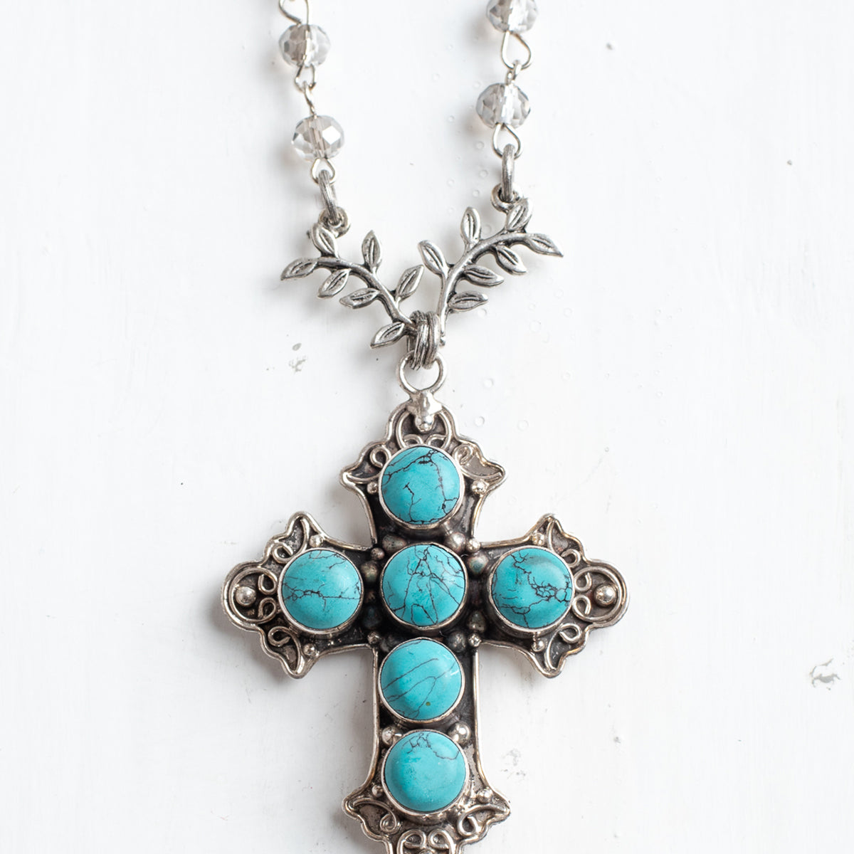 Southwestern Turquoise Sterling Silver Cross Pendant on a Crysal Rosary Chain Necklace