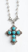 Ornate Turquoise Sterling Silver Christian Cross Pendant on a Crysal Rosary Chain Necklace