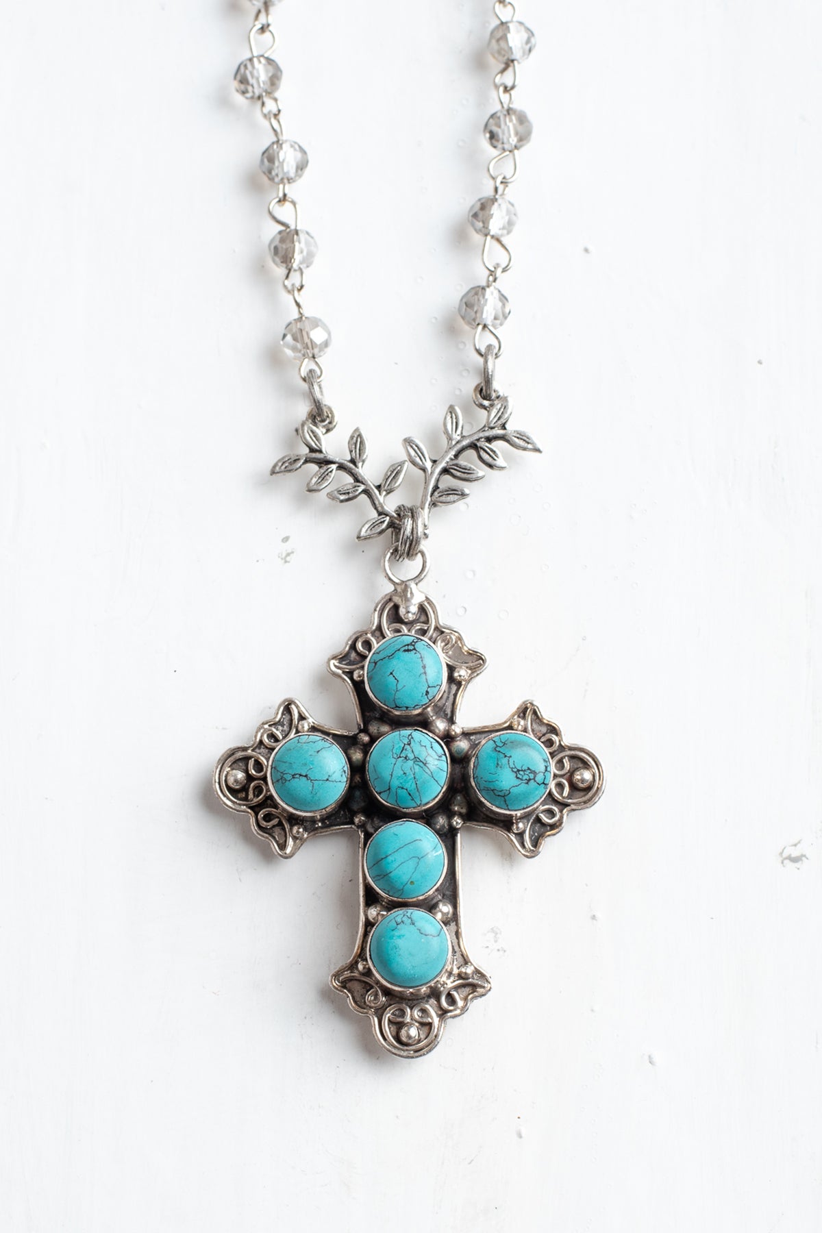 Ornate Turquoise Sterling Silver Christian Cross Pendant on a Crysal Rosary Chain Necklace