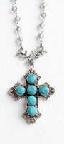 Southwestern Turquoise Sterling Silver Cross Pendant on a Crysal Rosary Chain Necklace