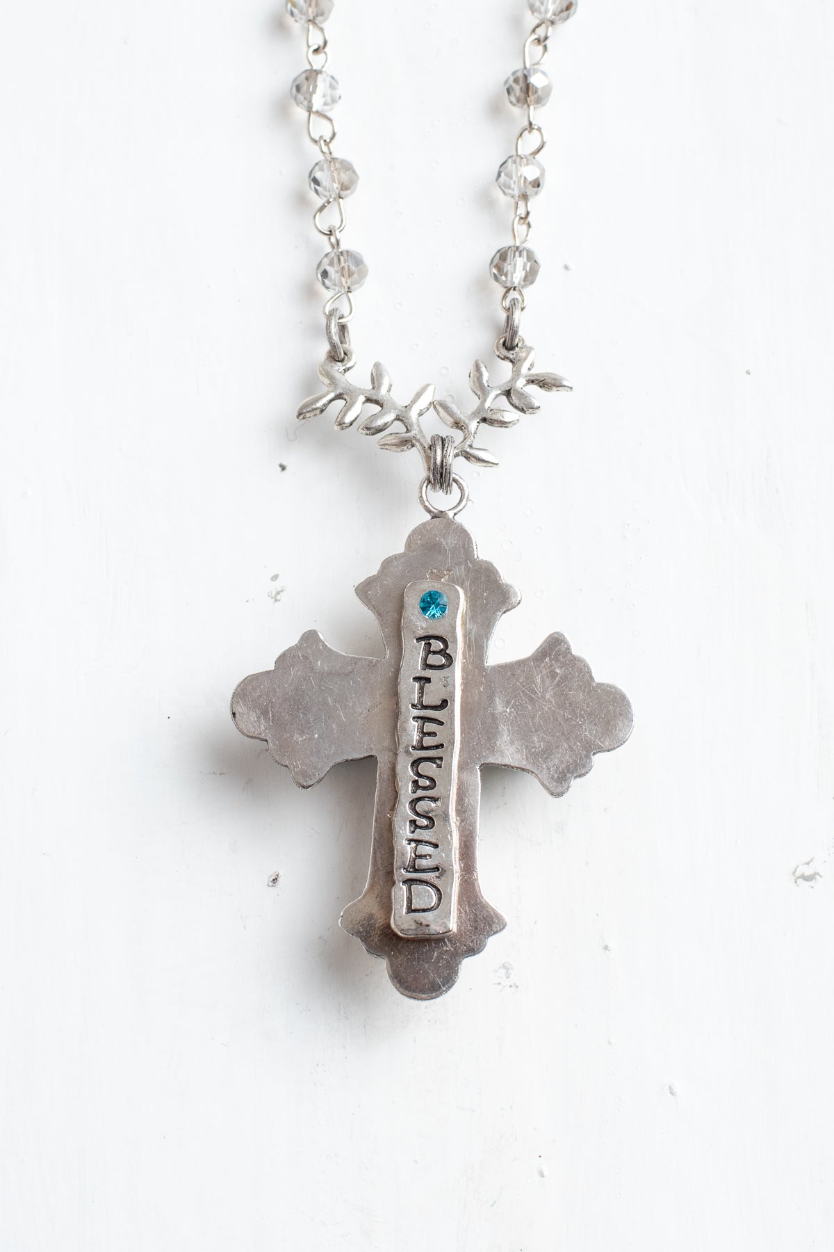 Ornate Turquoise Sterling Silver Christian Cross Pendant on a Crysal Rosary Chain Necklace