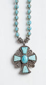 Vintage Collectible Irish "Miracle" Turquoise Cross Pendant on Hand Strung Czech Glass Bead Necklace