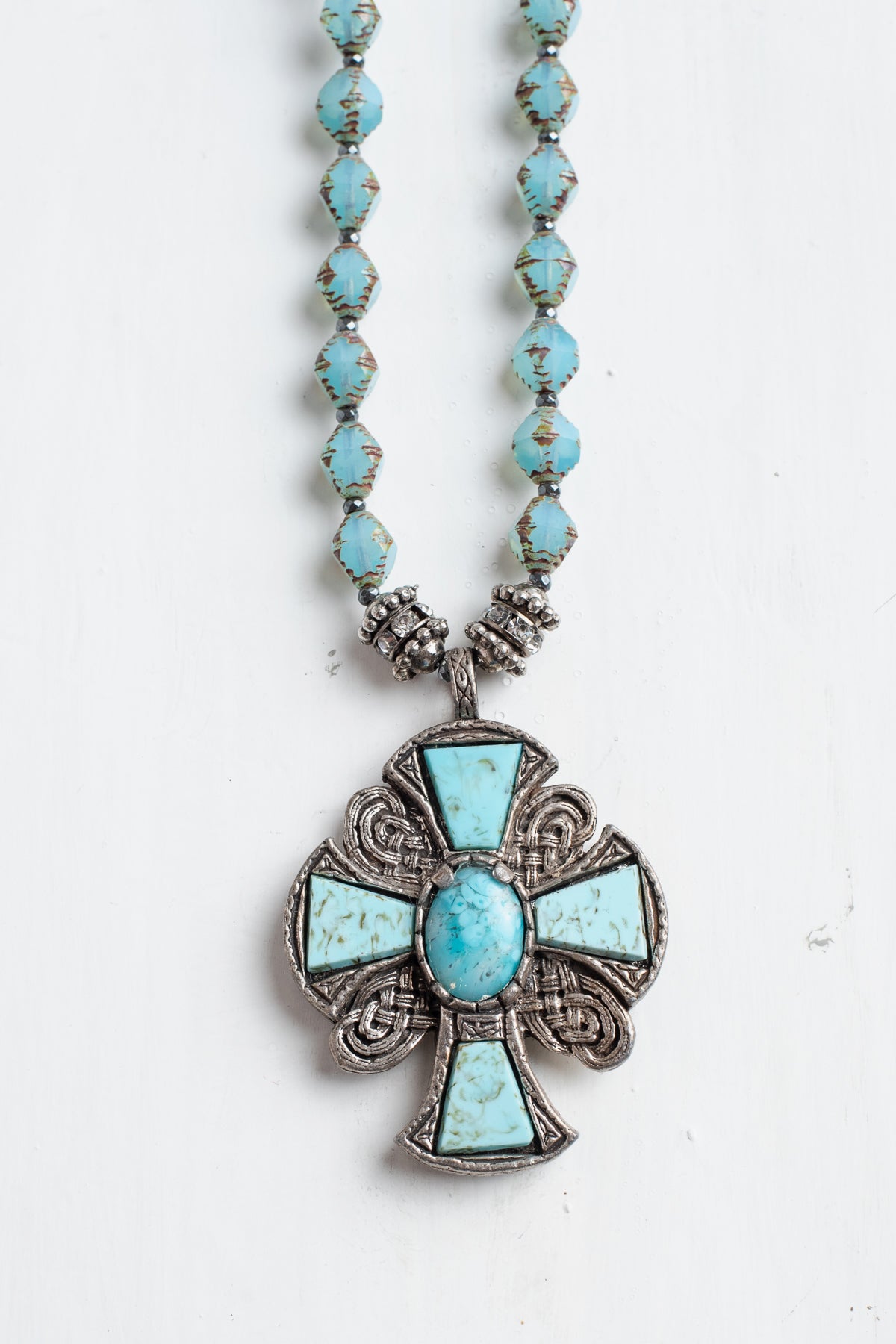 Vintage Collectible Irish "Miracle" Turquoise Cross Pendant on Hand Strung Czech Glass Bead Necklace