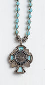 Vintage Collectible Irish "Miracle" Turquoise Cross Pendant on Hand Strung Czech Glass Bead Necklace