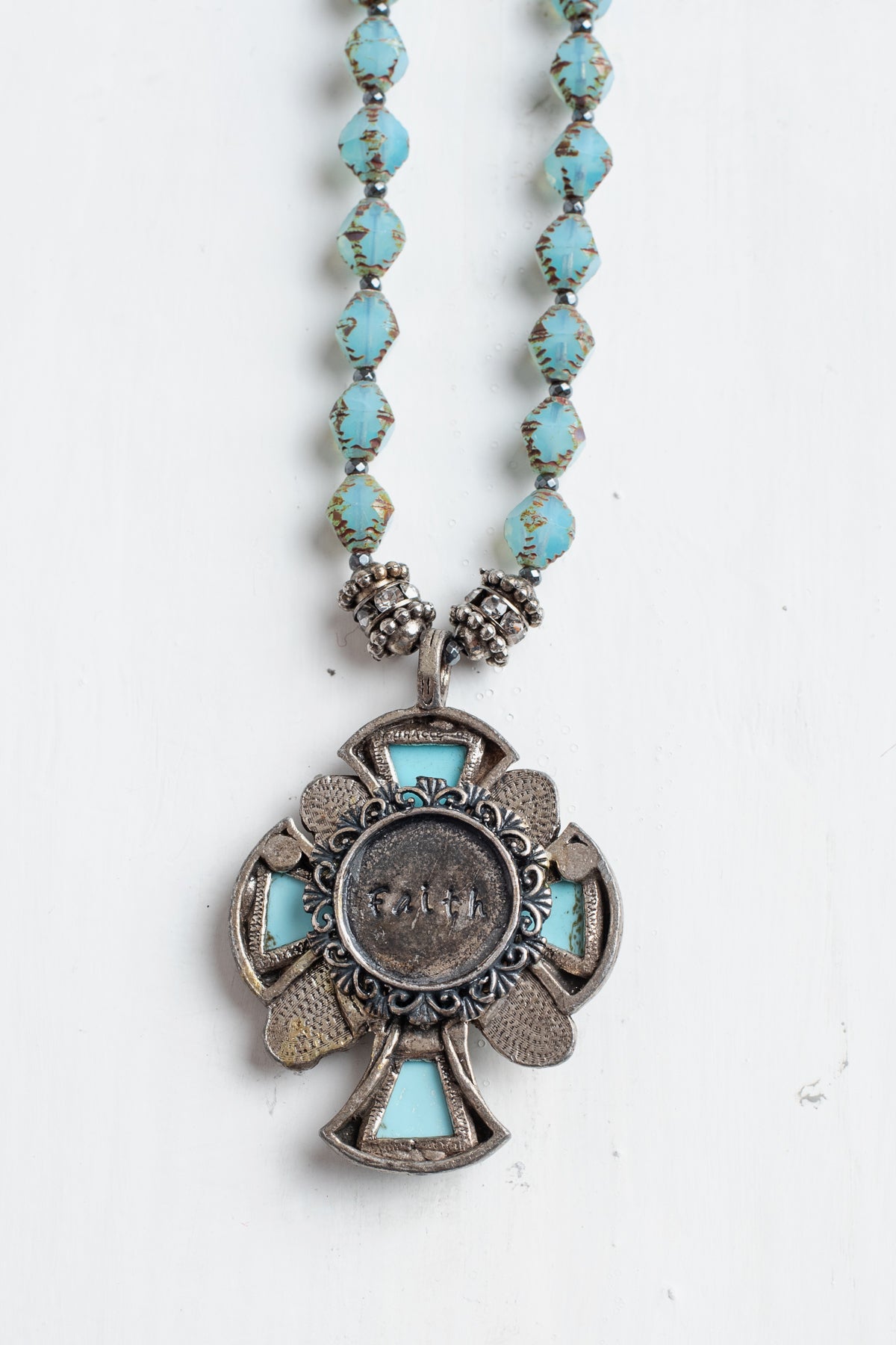 Vintage Collectible Irish "Miracle" Turquoise Cross Pendant on Hand Strung Czech Glass Bead Necklace