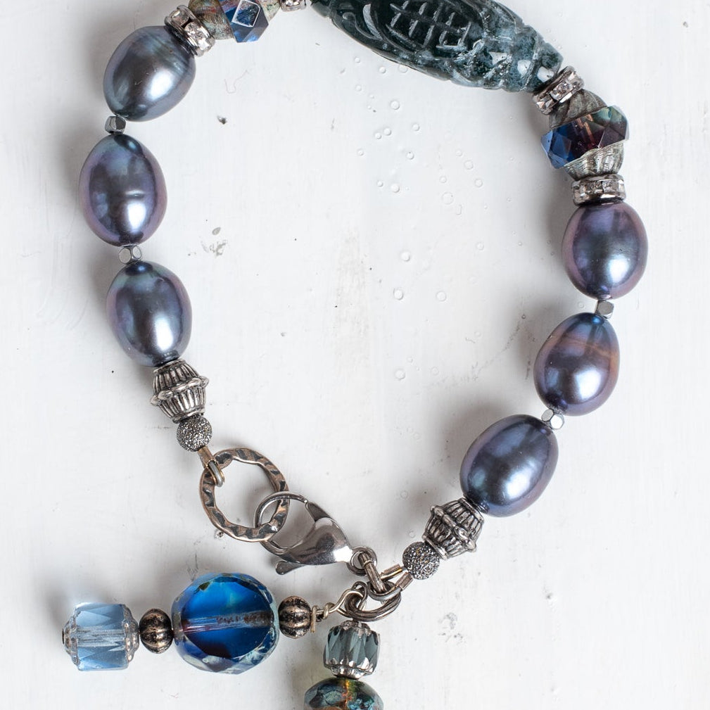 Peacock Pearl Bracelet with Carved Stone Focal and Czech Crystal Beads and Charms