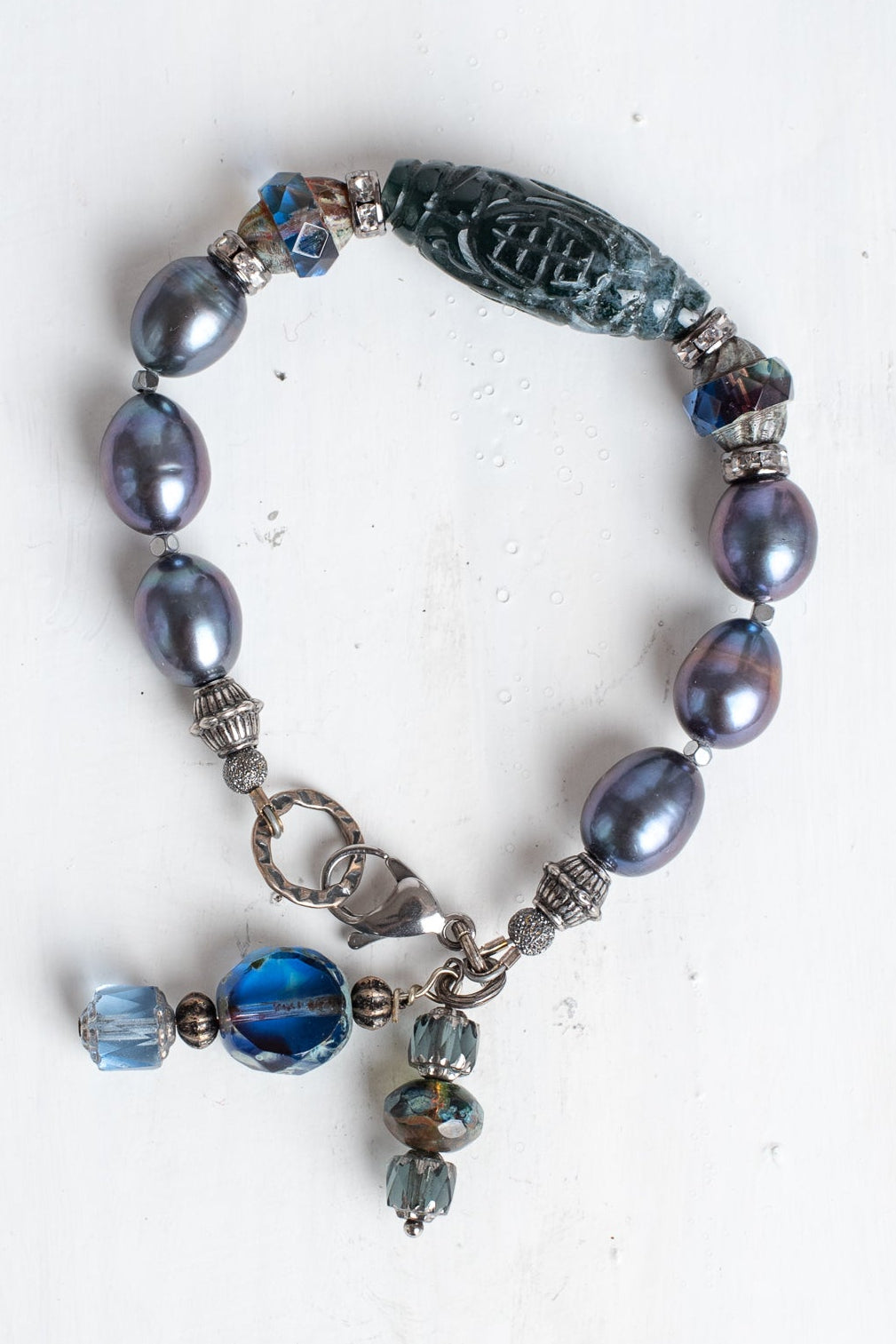 Peacock Pearl Bracelet with Carved Stone Focal and Czech Crystal Beads and Charms