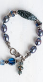 Peacock Pearl Bracelet with Carved Stone Focal and Czech Crystal Beads and Charms