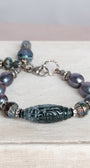 Peacock Pearl Bracelet with Carved Stone Focal and Czech Crystal Beads and Charms