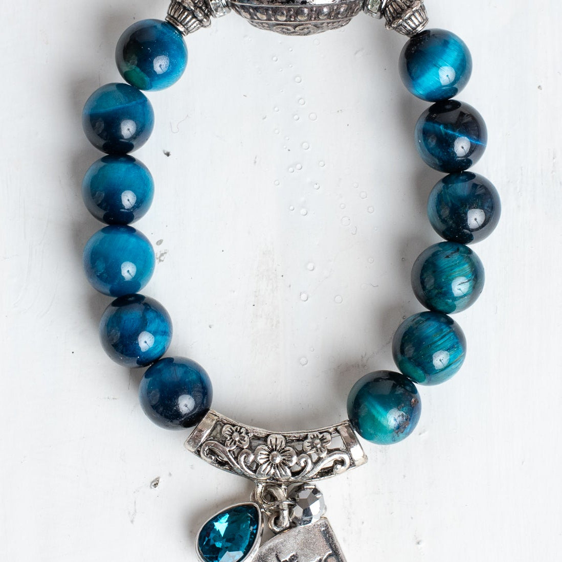 Silver Italian Style Focal Bead and "The Lord Be With You" Charm on a Turquoise Tiger's Eye Stone Stretch Bracelet