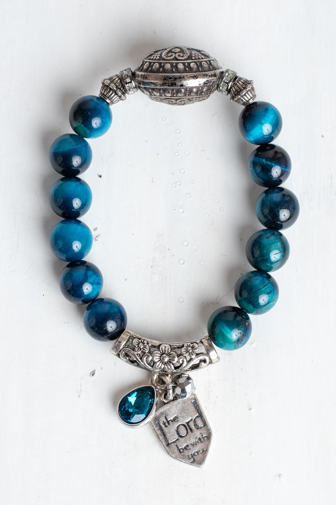 Silver Italian Style Focal Bead and "The Lord Be With You" Charm on a Turquoise Tiger's Eye Stone Stretch Bracelet