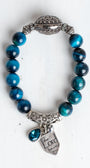 Silver Italian Style Focal Bead and "The Lord Be With You" Charm on a Turquoise Tiger's Eye Stone Stretch Bracelet
