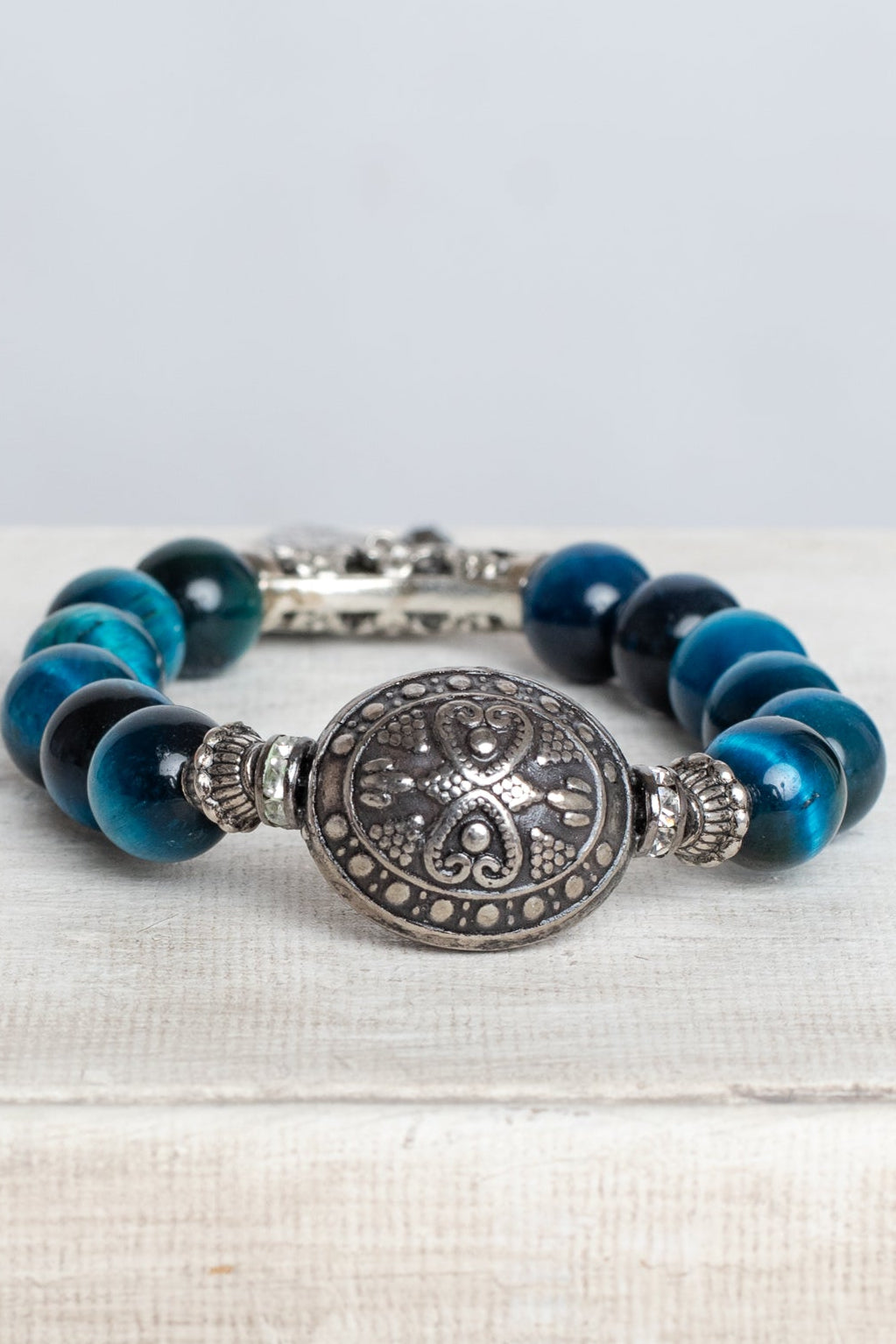 Silver Italian Style Focal Bead and "The Lord Be With You" Charm on a Turquoise Tiger's Eye Stone Stretch Bracelet