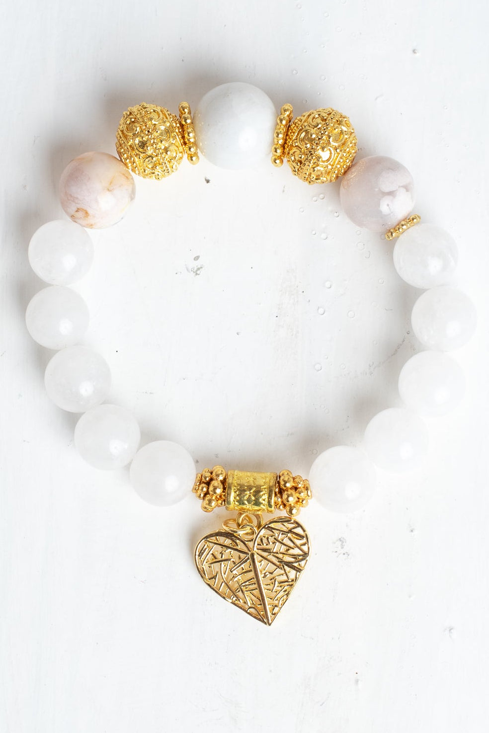 Gold Italian Style Focal Beads and Filigree Heart Charm on a Stretch Bracelet of White and Peach Agates plus White Quartz