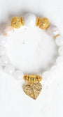 Gold Italian Style Focal Beads and Filigree Heart Charm on a Stretch Bracelet of White and Peach Agates plus White Quartz