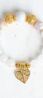 Gold Italian Style Focal Beads and Filigree Heart Charm on a Stretch Bracelet of White and Peach Agates plus White Quartz