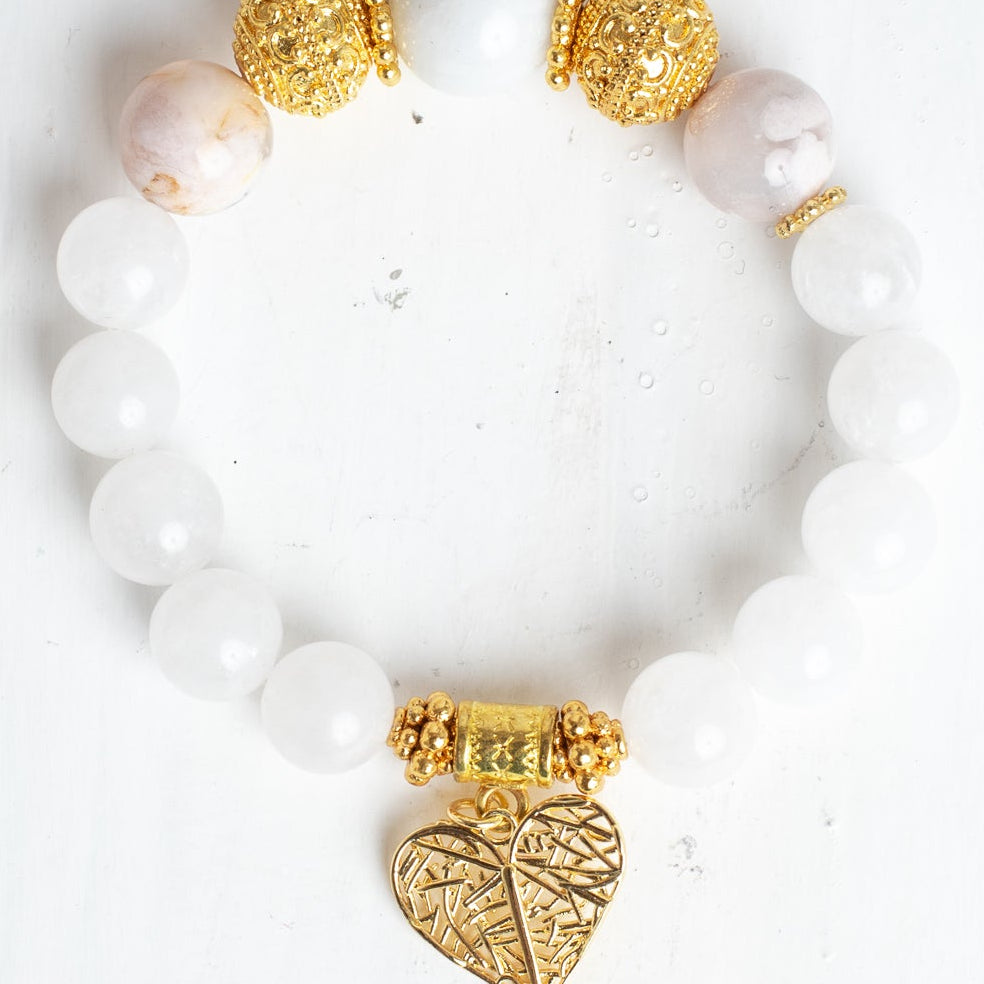 Gold Italian Style Focal Beads and Filigree Heart Charm on a Stretch Bracelet of White and Peach Agates plus White Quartz