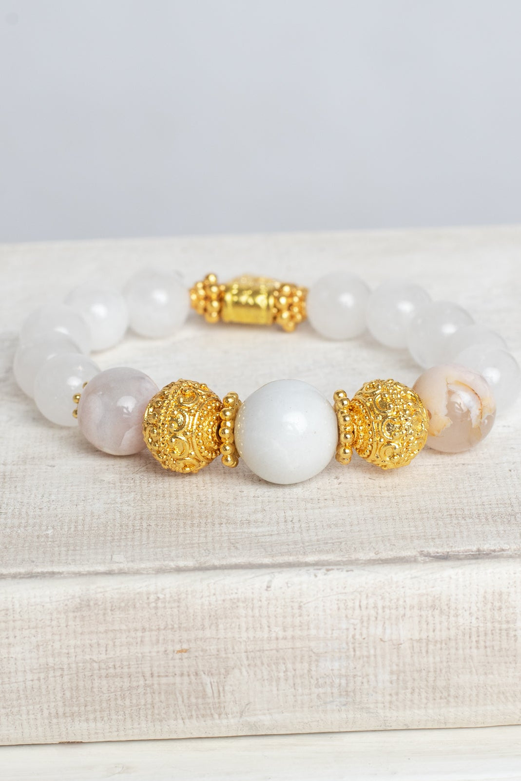 Gold Italian Style Focal Beads and Filigree Heart Charm on a Stretch Bracelet of White and Peach Agates plus White Quartz